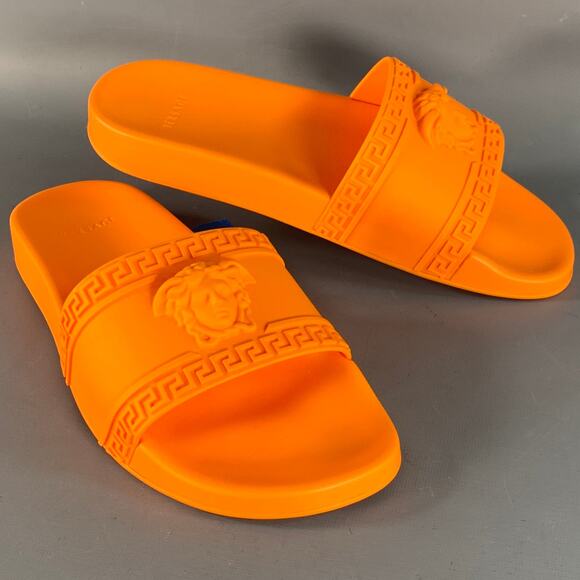 VERSACE Size 9.5 Orange Medusa Acetate Slip On Slide Sandals - Picture 1 of 10